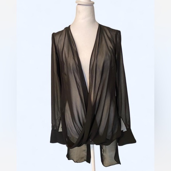 Abi Ferrin Tops - Abi Ferrin Black Sheer Draped Blouse